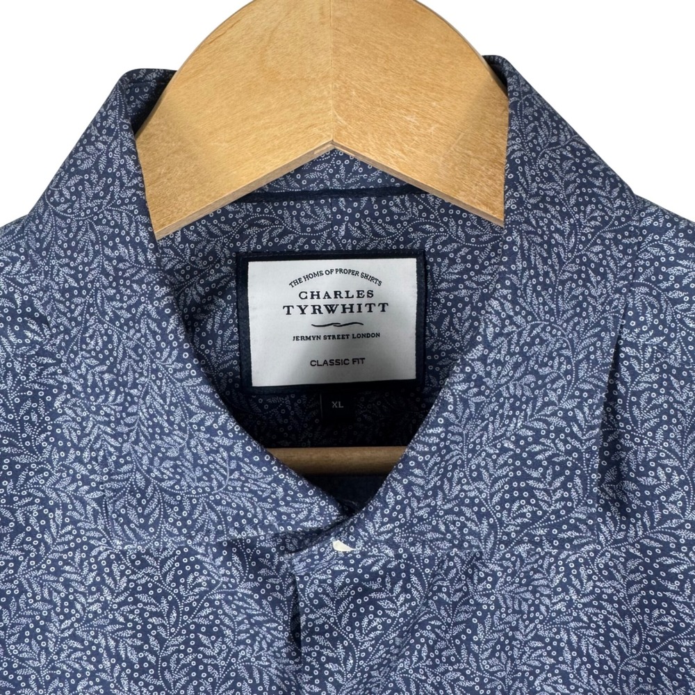 Charles Tyrwhitt Floral Leaf Classic Fit Button Down Shirt Mens XL Cotton Blue